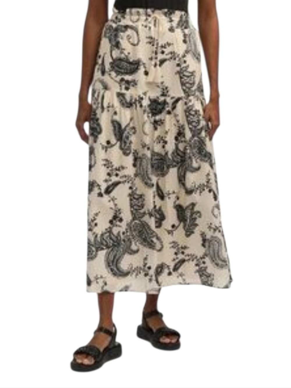 NWOT MEXX Paisley Tiered Maxi Skirt Women's L Lined Pockets Tassel Logo Pull On
